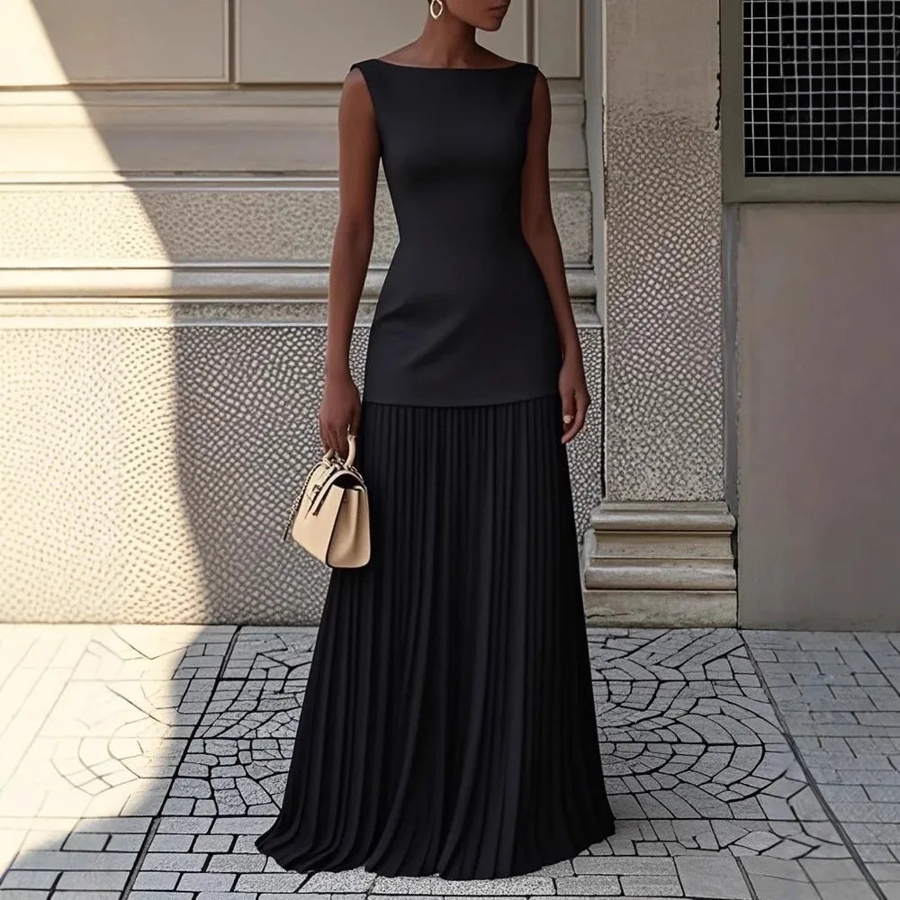 Elegant Women's Two-Piece Pleated Dress Set With Vest Overskirt