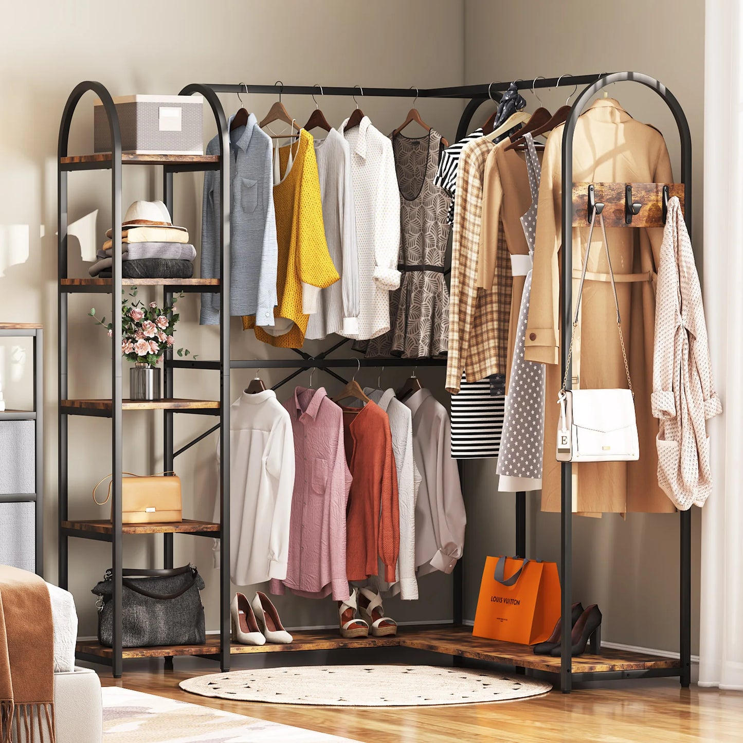 Tribesigns L Shape Clothes Rack With Storage Shelves And Hanging Rods Space Saving Corner Wardrobe