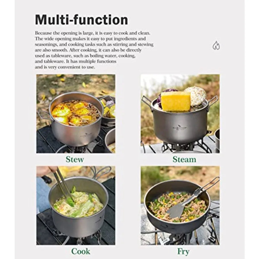 Titanium Camping Pots Set With Lids Foldable Handles Lightweight