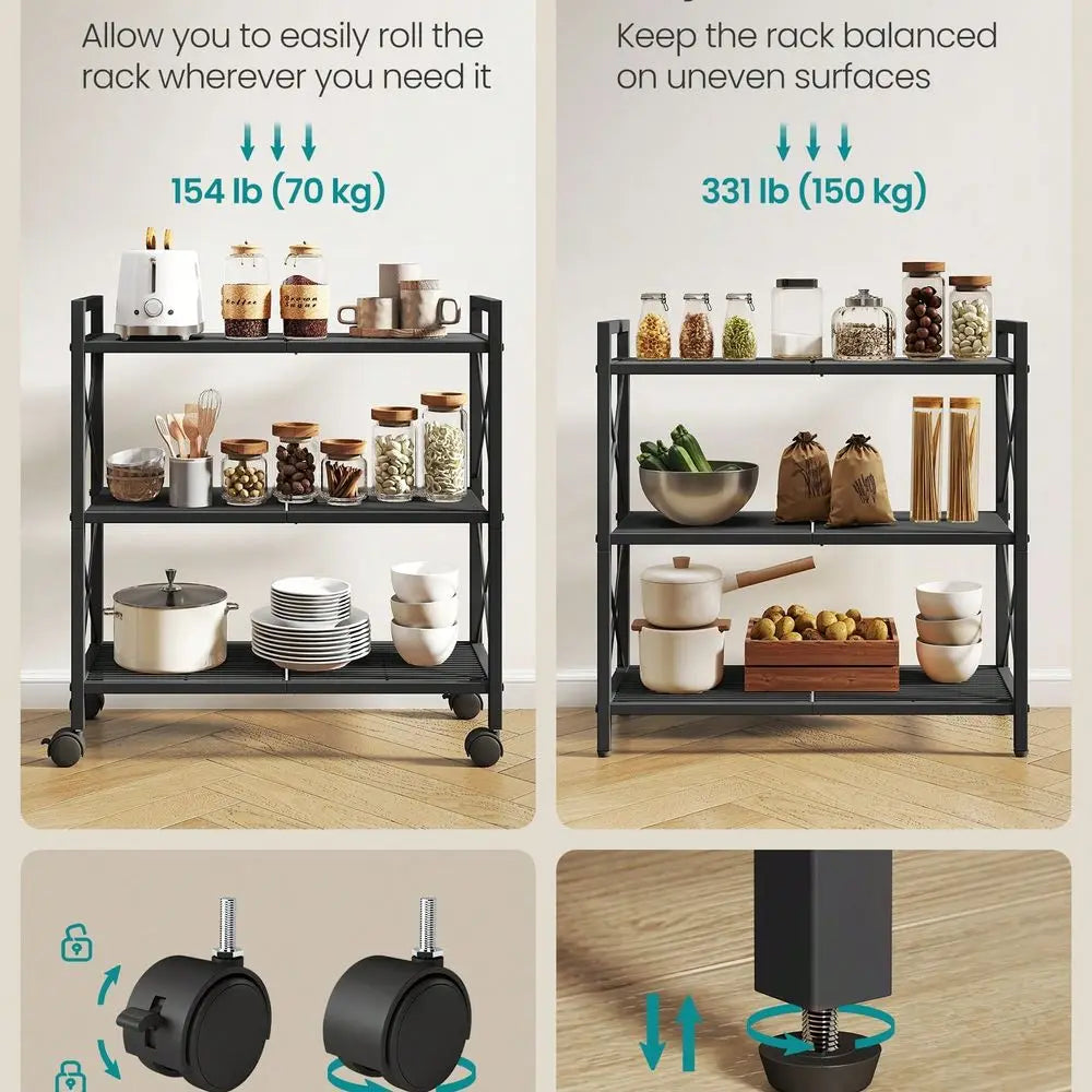 Three Tier Metal Storage Rack With Wheels Mesh Shelving Unit
