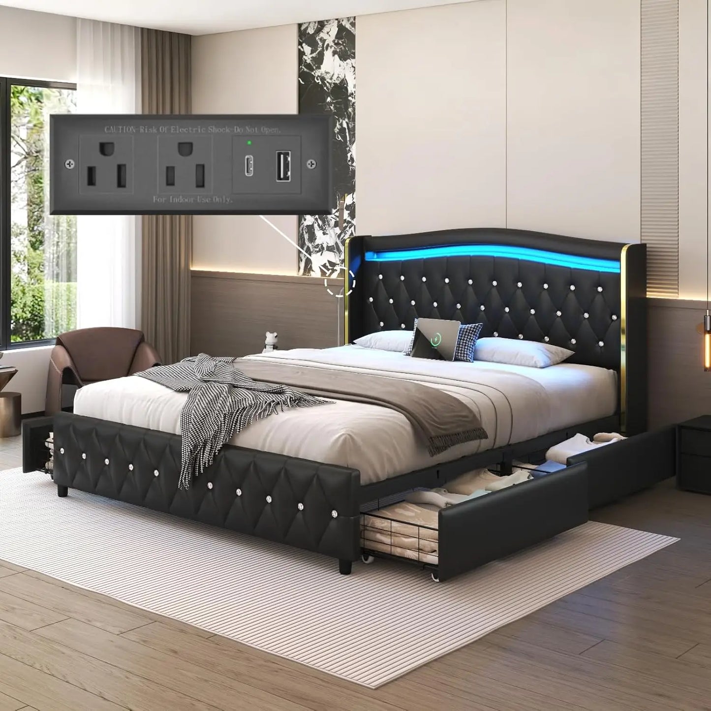 Wingback Upholstered Platform Bed With RGB LED Lights And Storage