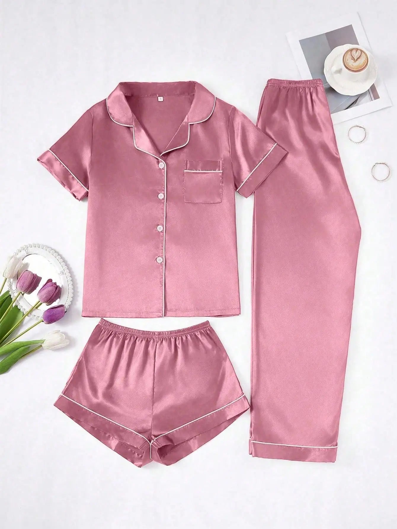 Faux Silk Pajama Set For Women Button-Down Top And Pants