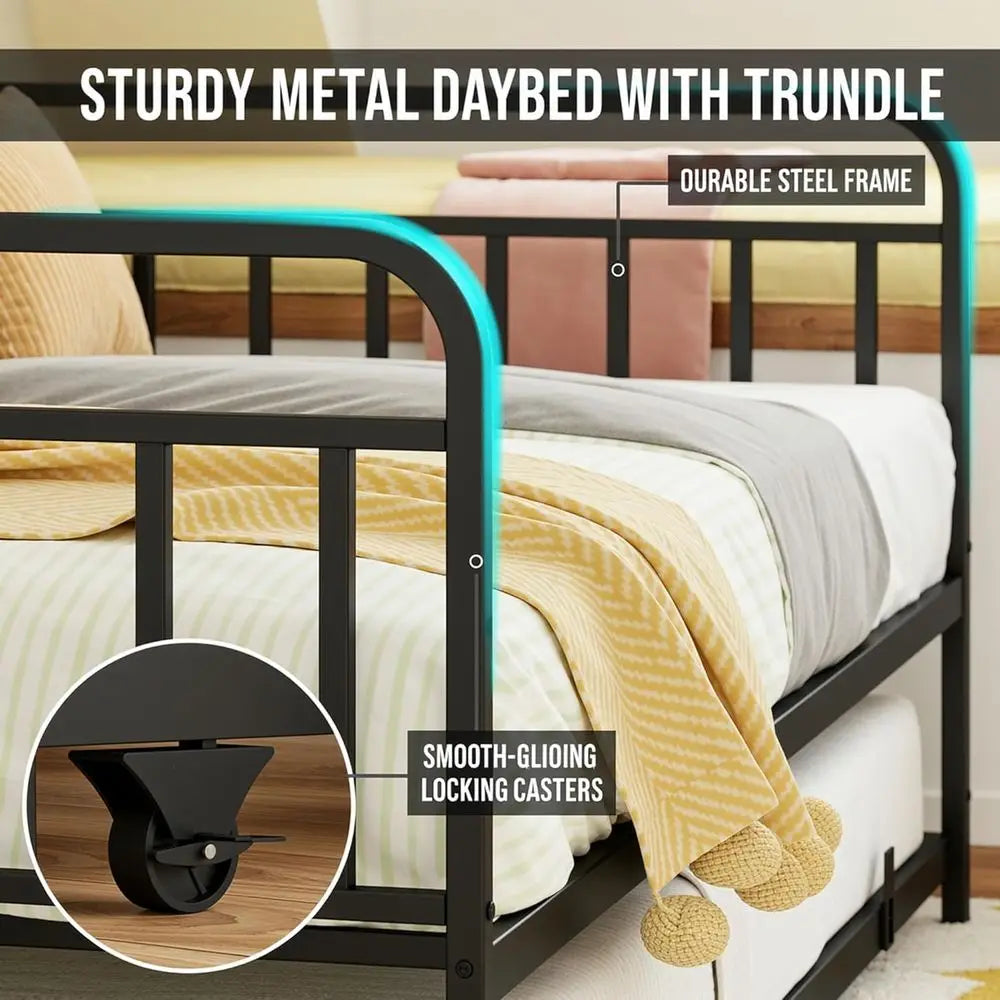 Metal Daybed With Trundle, Storage Headboard, Charging Station