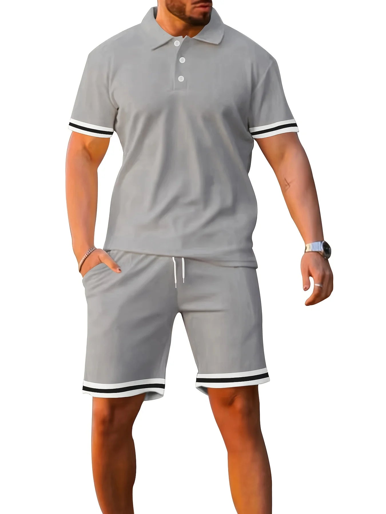 NONECN Men's Summer Short Sleeve Polo And Shorts Two-Piece Set