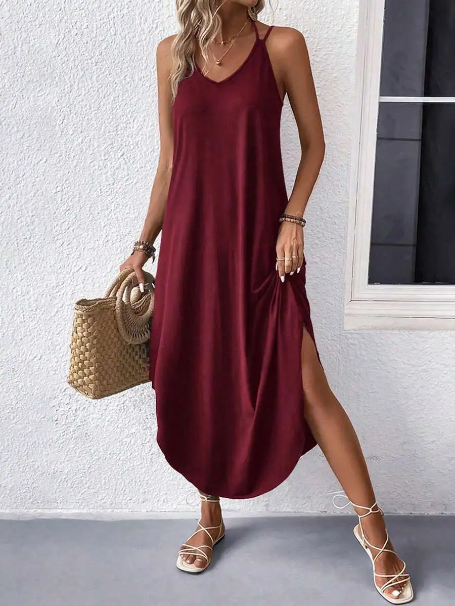 Sleeveless V Neck Maxi Dress With Side Slit Flowy Fit Casual Summer
