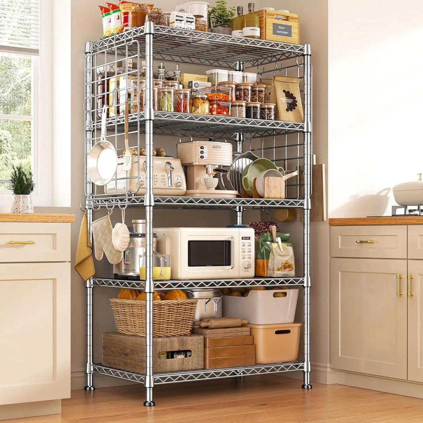 Five Tier Metal Shelving Unit With Side Hanging Net Hooks Adjustable