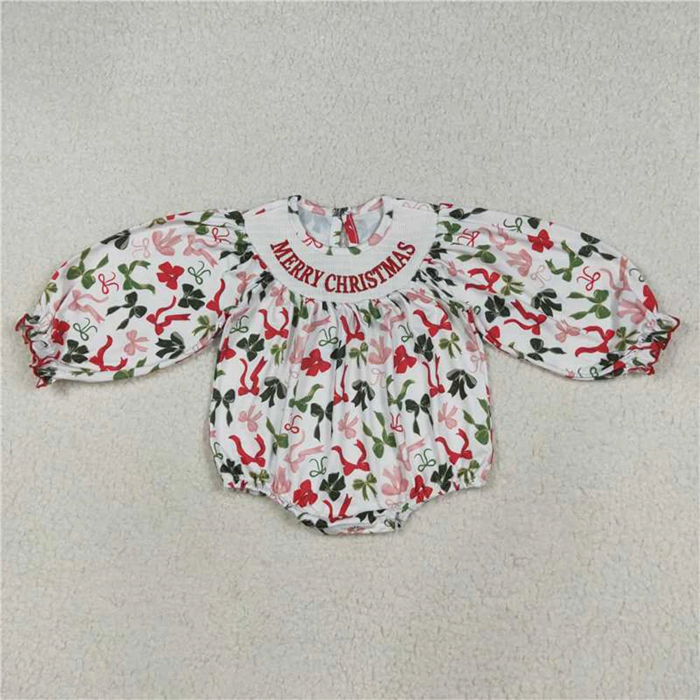Baby Girls Smocked Christmas Romper With Embroidery Bows