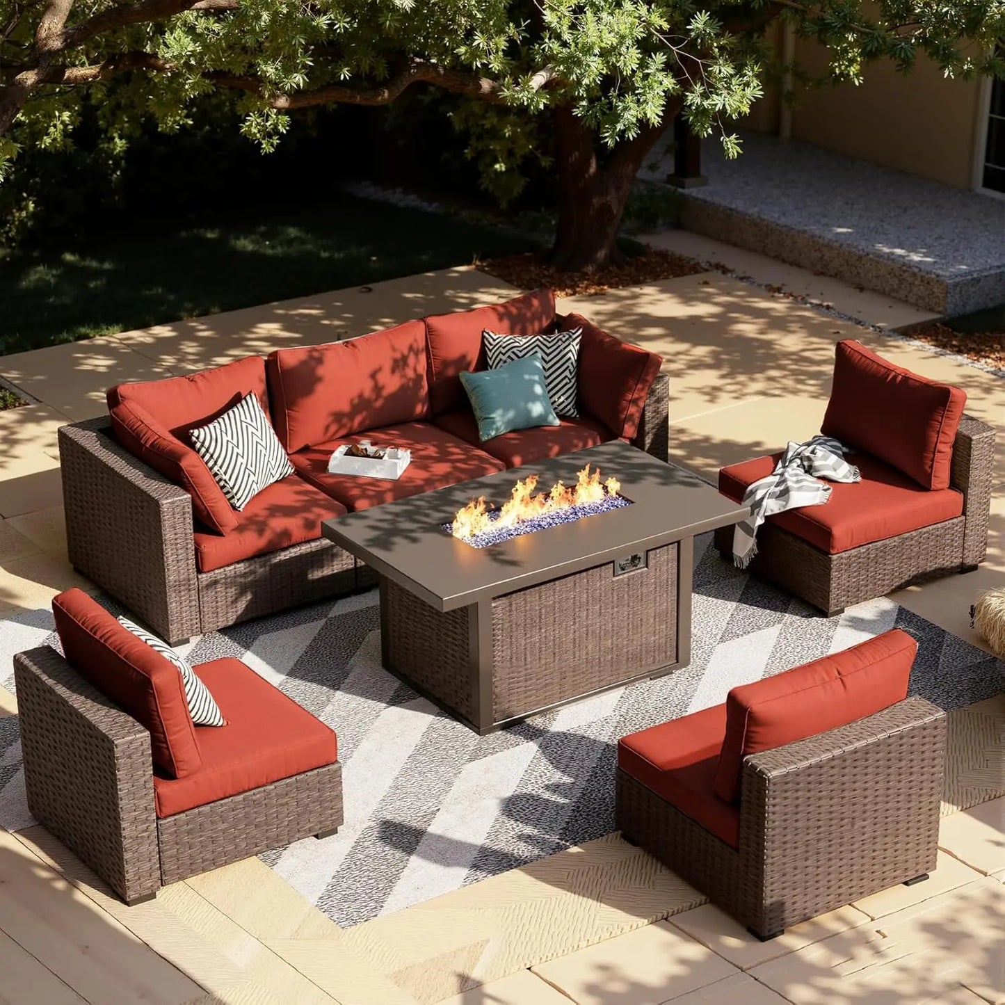 XIAOLANG 7-Piece Outdoor Patio Furniture Set Wicker Fire Pit Table