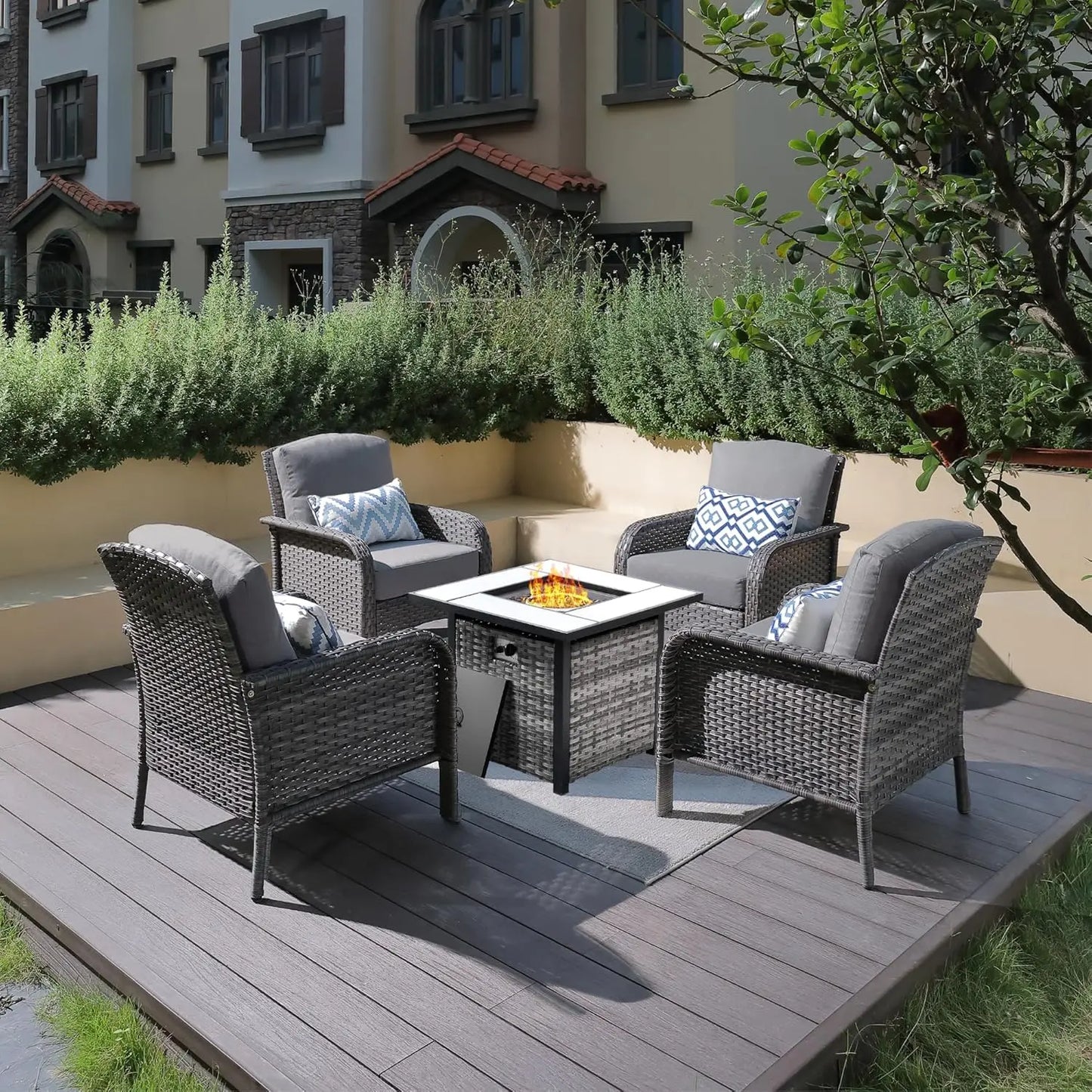 Folded 4-Piece Patio Set With Fire Pit Table And Chairs