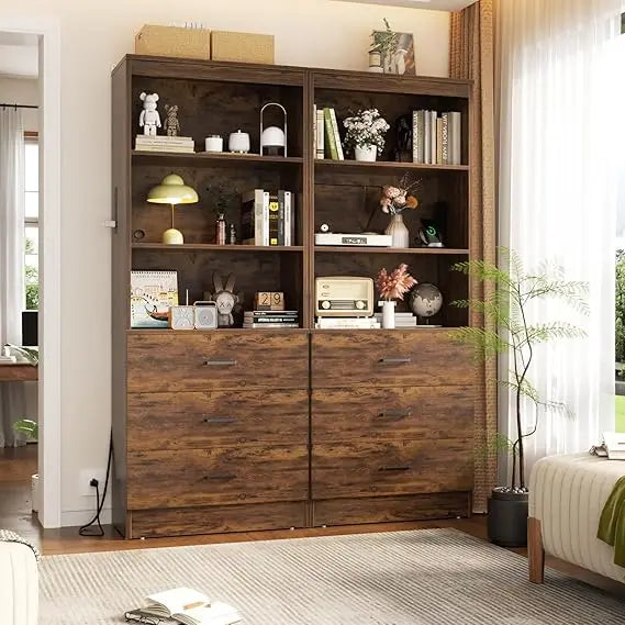Bookshelf With USB Ports And Outlets, Three Drawer Cabinet And Shelves
