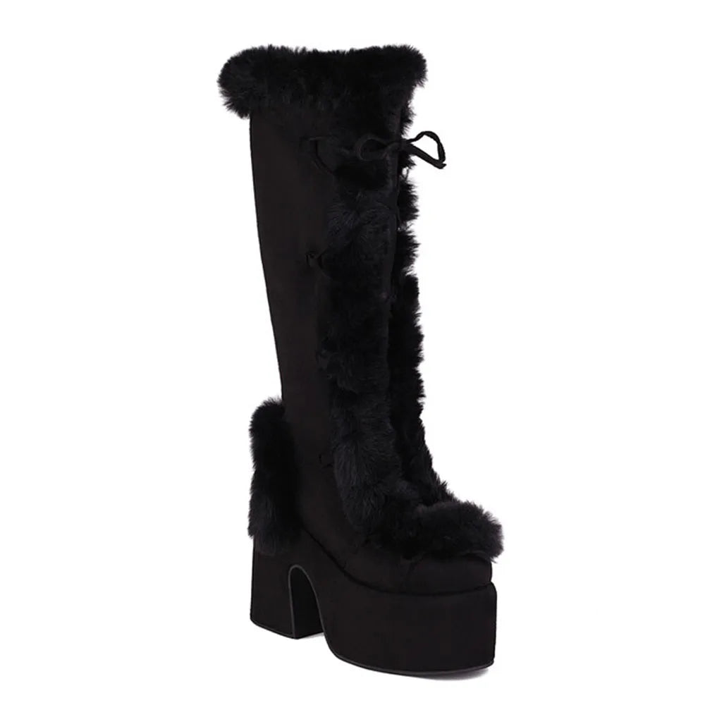 GIGIFOX Faux Fur And Faux Suede Platform Boots For Women