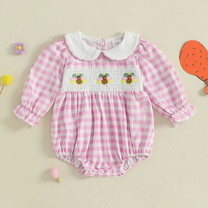 Thanksgiving Turkey Embroidered Long Sleeve Romper With Doll Collar