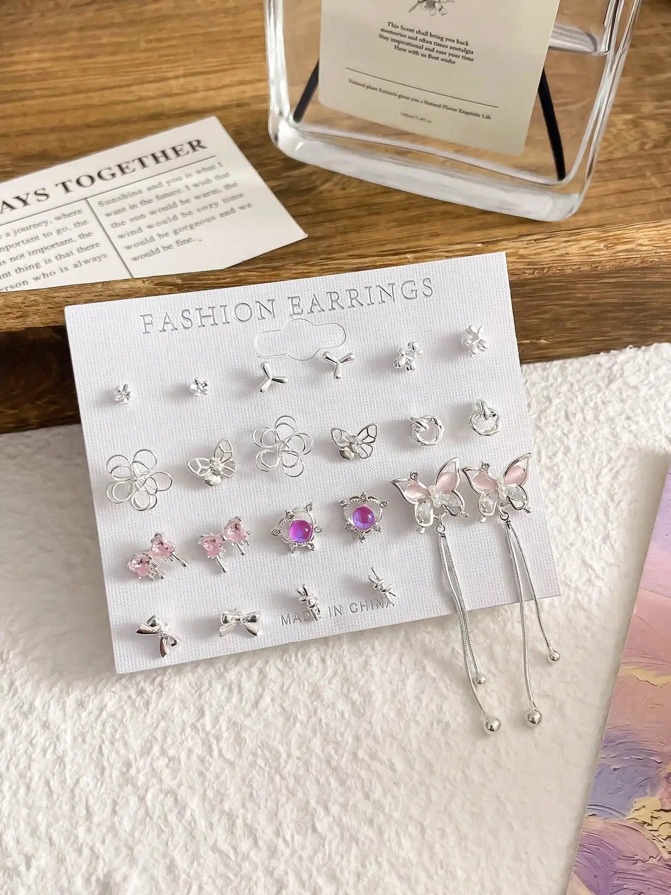 Cat Eye Stud Earrings Set With Bow And Glitter Rhinestones Zinc Alloy