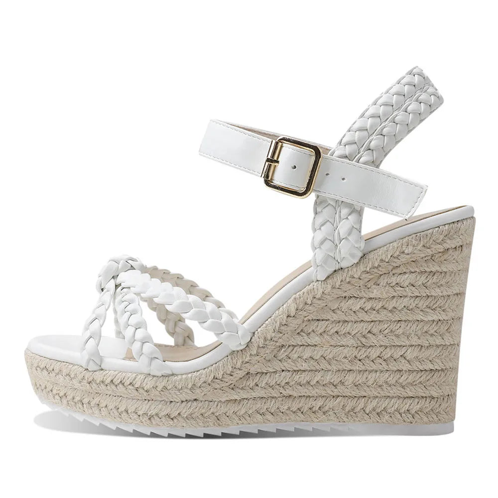 GIGIFOX Straw Woven Waterproof Platform Wedges Sandals Buckle Straps