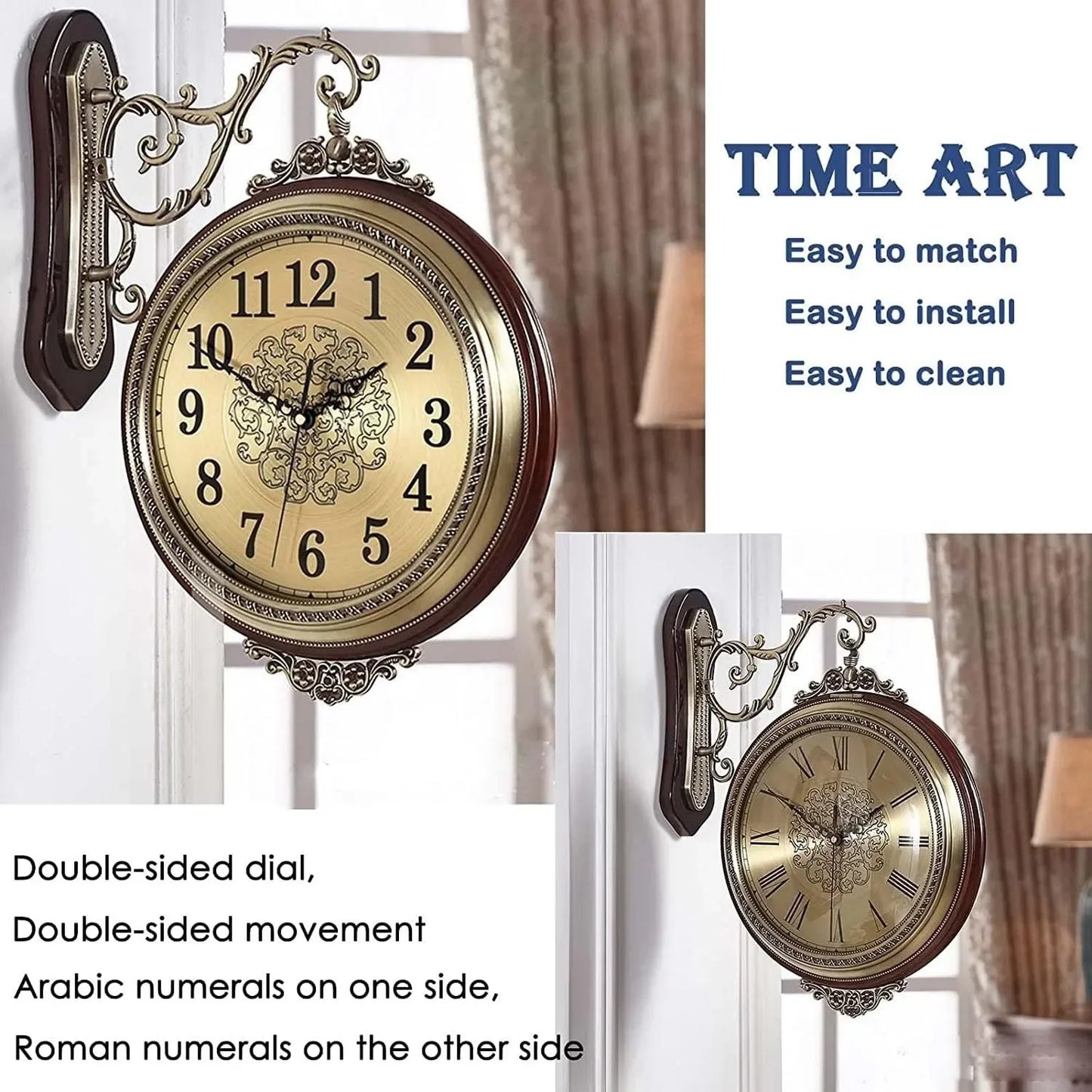 Double Sided European Style Alloy Wall Clock Silent NonTicking