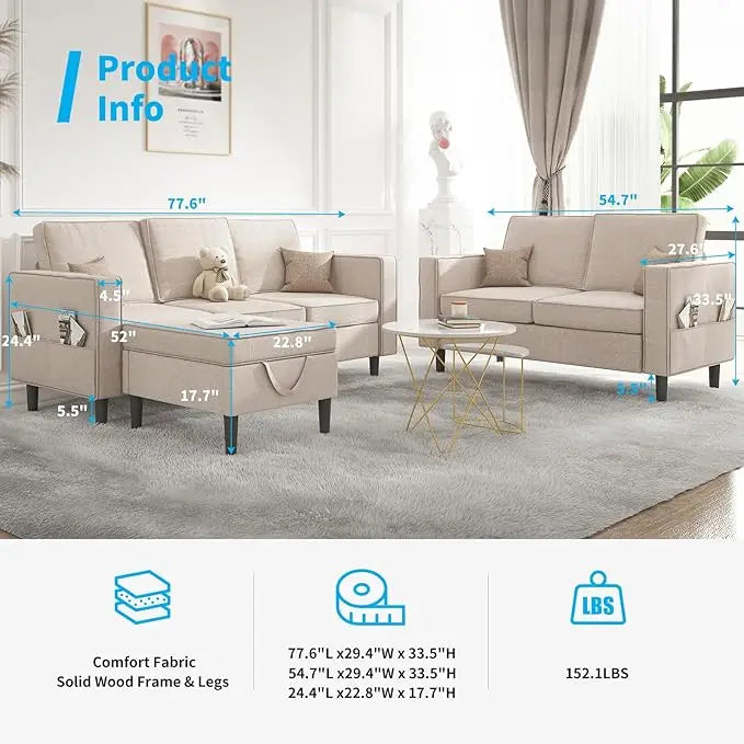 HUANZHUANG 3 Piece Sectional L Shaped Sofa Set Modern