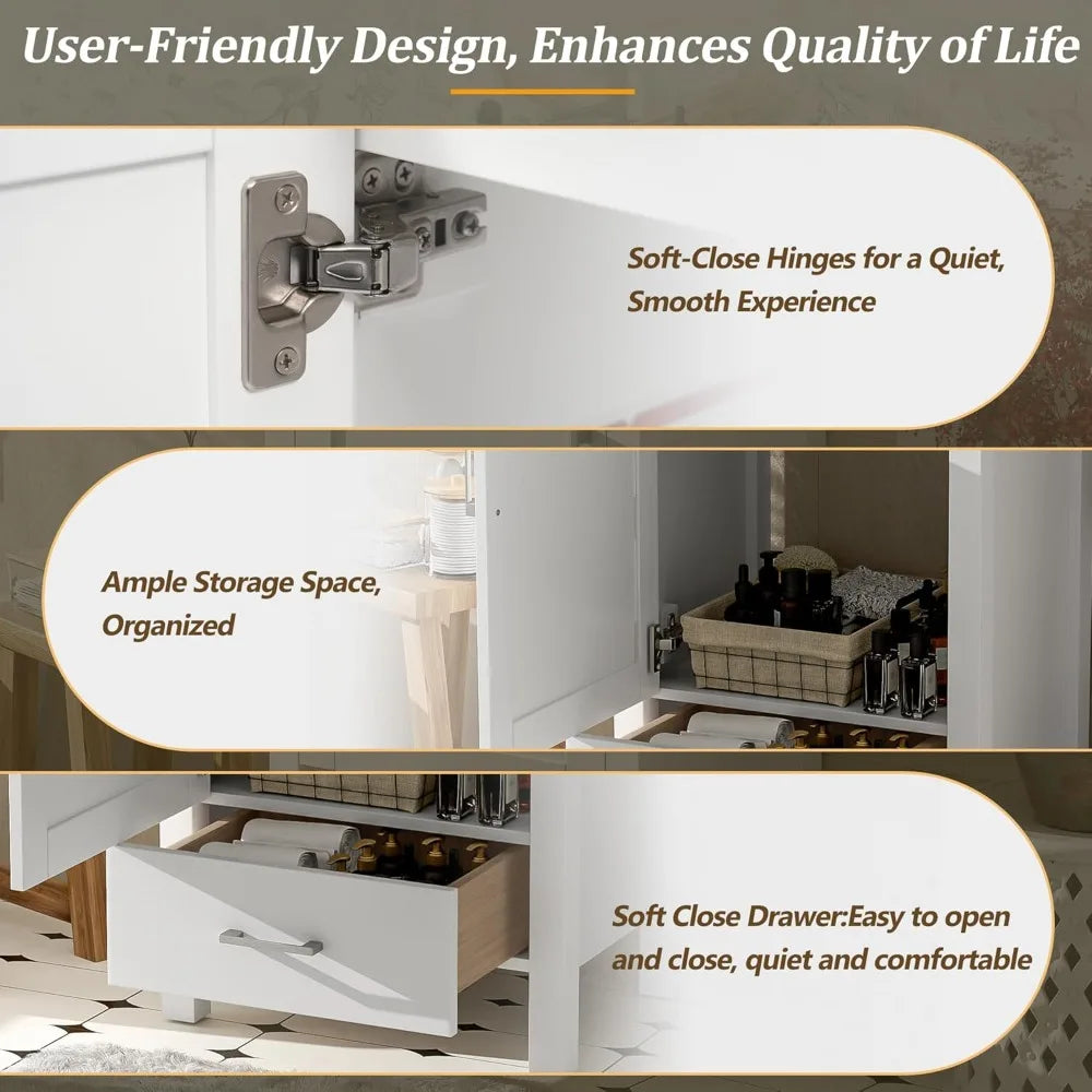 Freestanding Bathroom Vanity With Ceramic Sink, Soft Closing Door