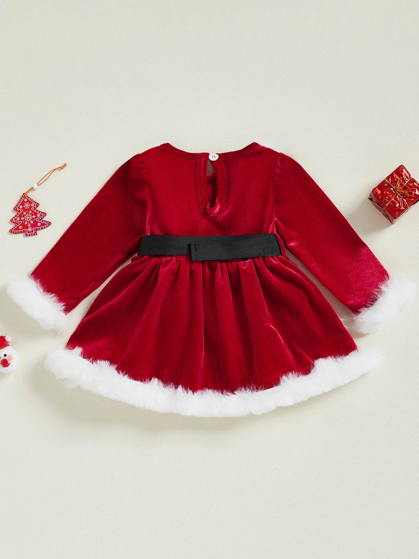 Toddler Winter Velvet Romper Dress With Faux Fur Trim And Bow