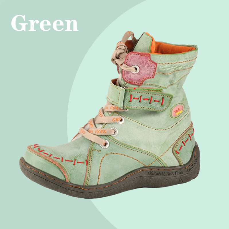 TMA EYES Womens Winter Leather Boots With Slip On Closure