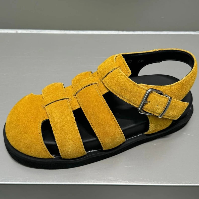 Autuspin Retro Women Genuine Leather Flat Sandals Buckle Comfort