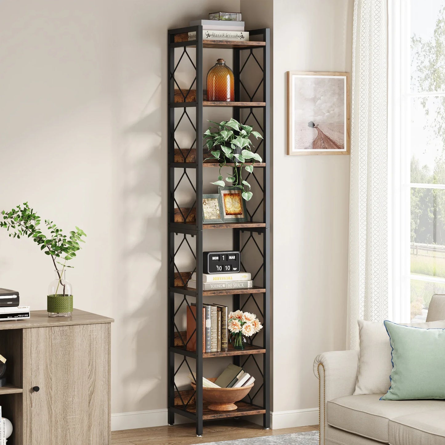 Tribesigns 7-Tier Slim Bookshelf For Small Spaces Freestanding Display