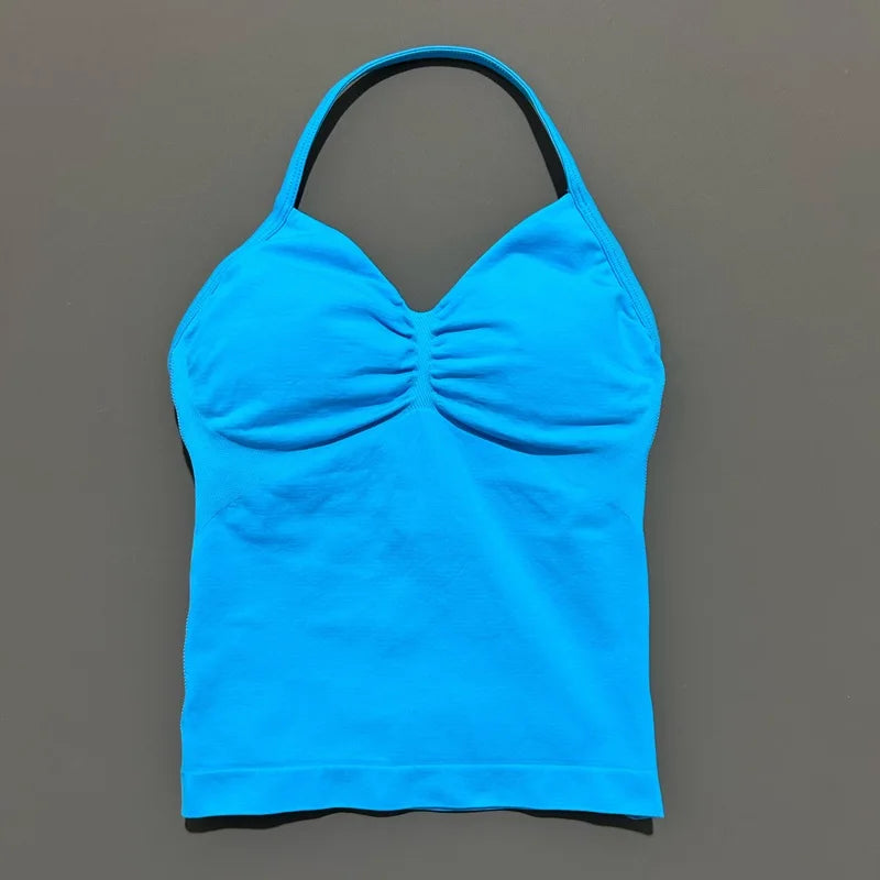Women Gym Halter Top Longline Strappy Yoga Tank Removable Cups