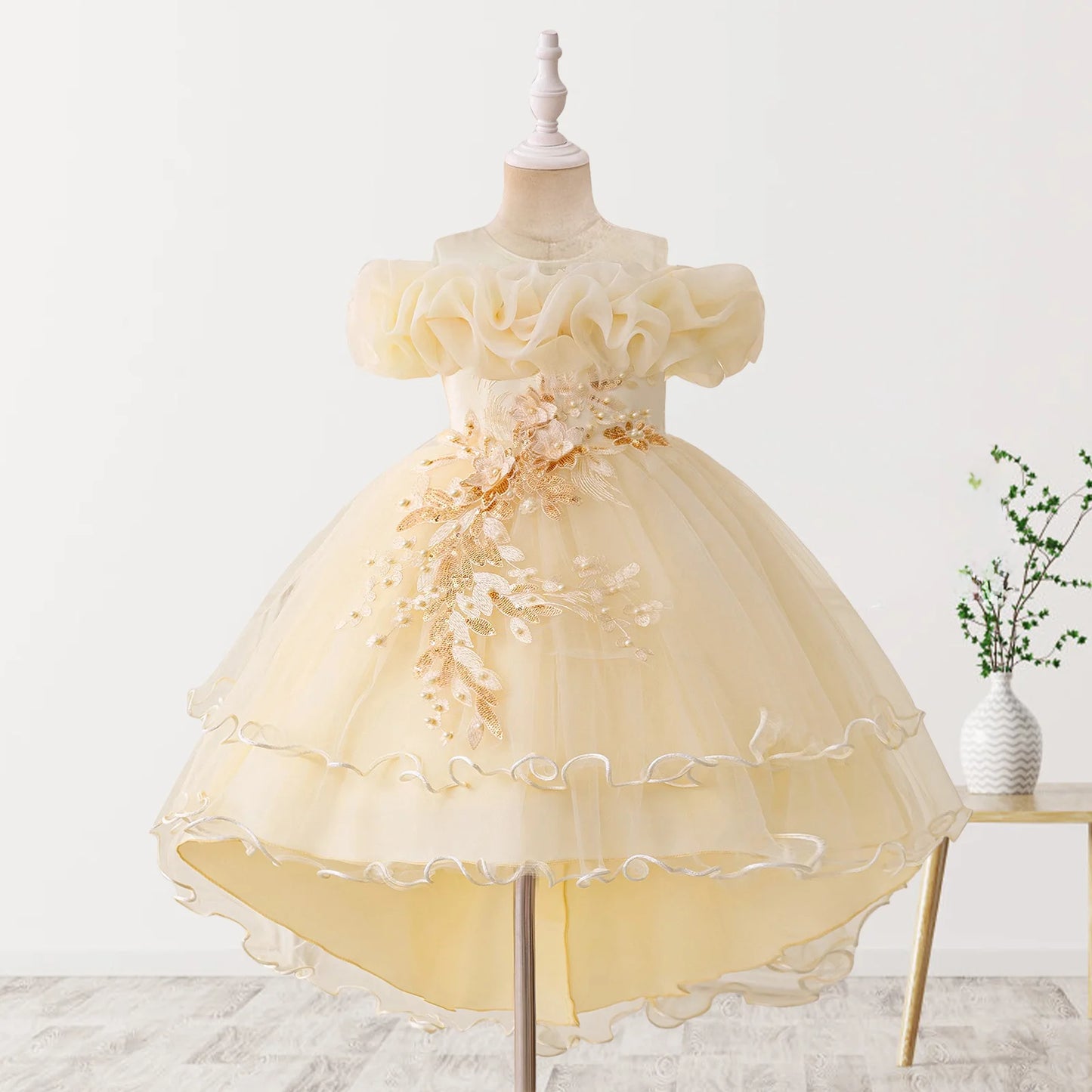 Toddler Girls Floral Print Sleeveless Tulle Dress With Ruffles