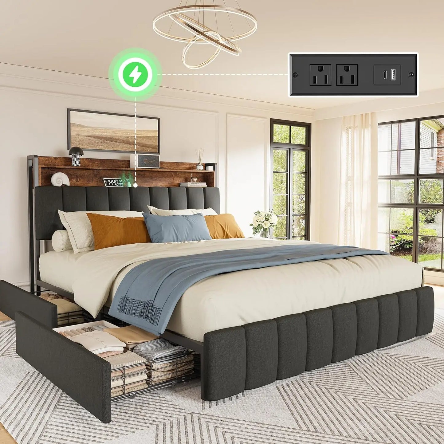 Bed Frame With Upholstered Headboard Charging Station Two Tier Drawers
