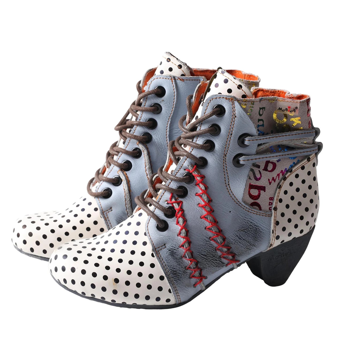 TMA EYES Polka Dot Leather Moccasin Stitch Ankle Boots