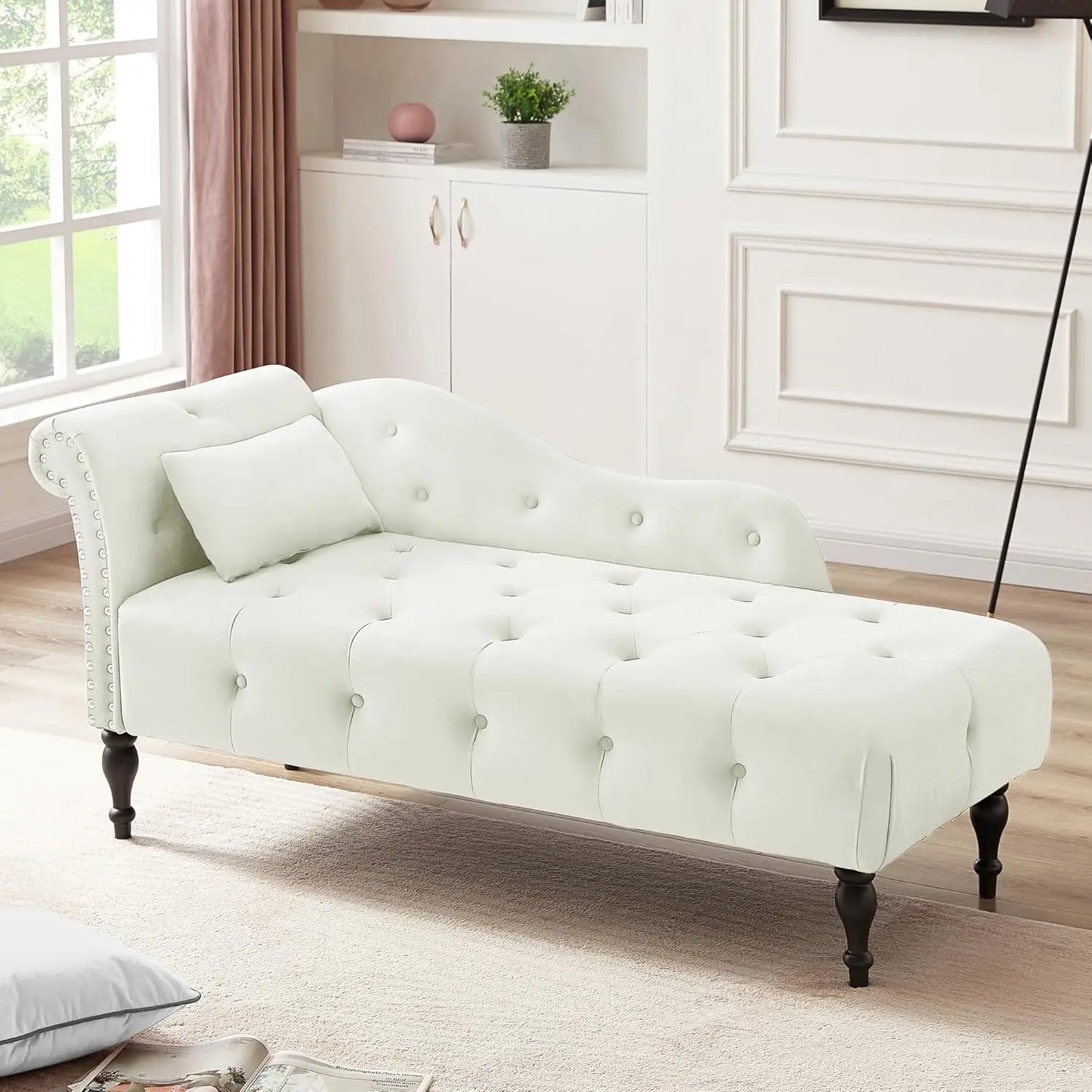 Huanzhuang Modern Velvet Upholstered Chaise Lounge With Button Tufting And Solid Wood Legs