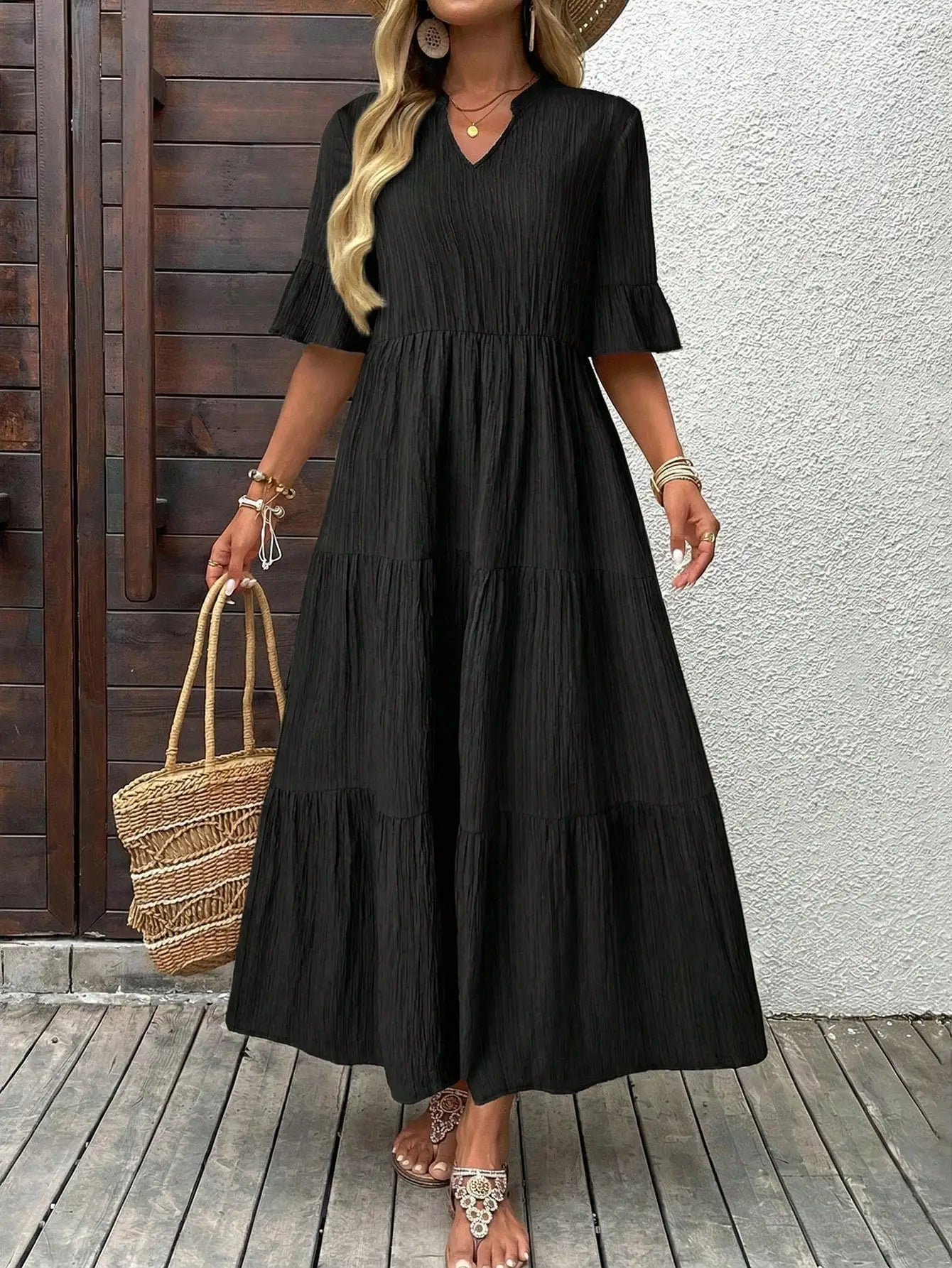 Women's Solid Color Casual Tiered Maxi Dress V-Neck A-Line