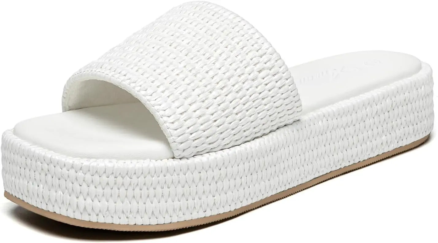 Athlefit Women's Platform Raffia Sandals Open Toe Slip On Beach
