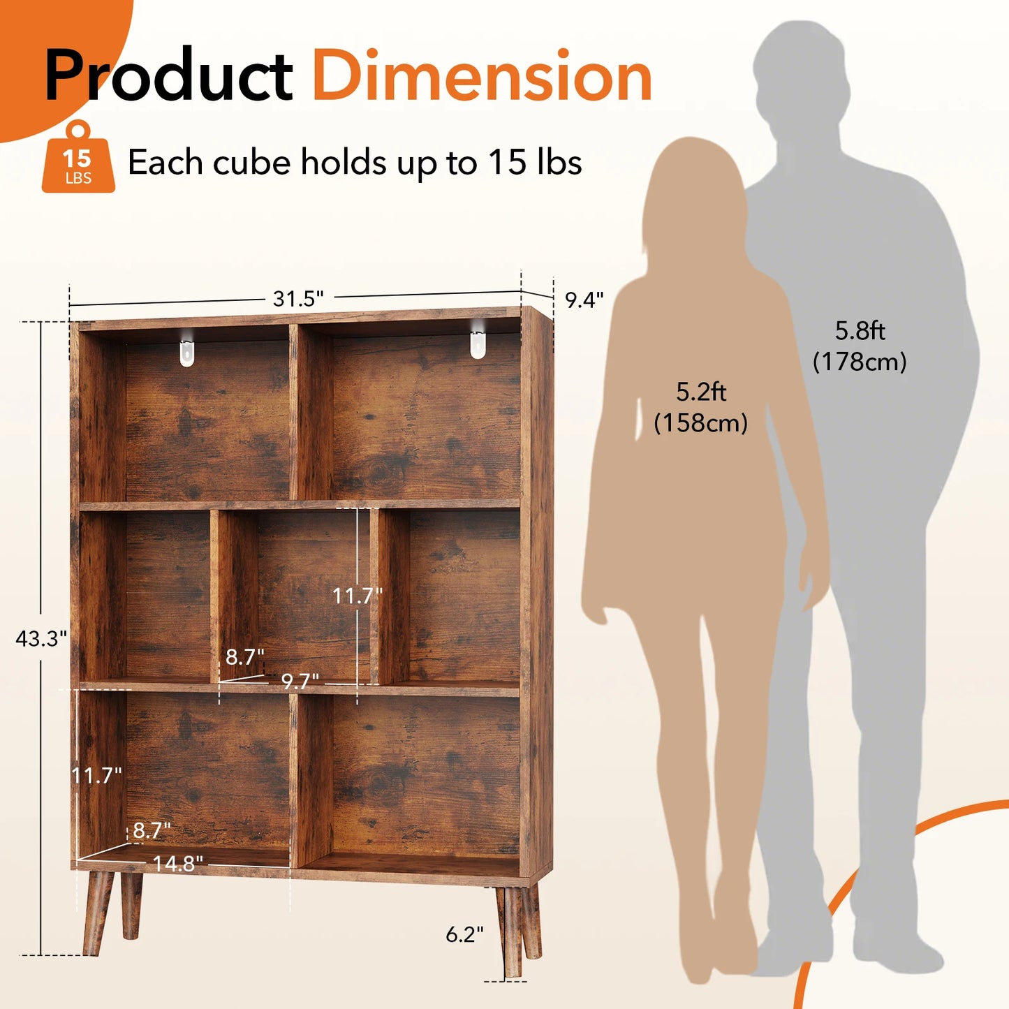 JHK Three-Tier Wooden Bookshelf With Cube Storage Organizer