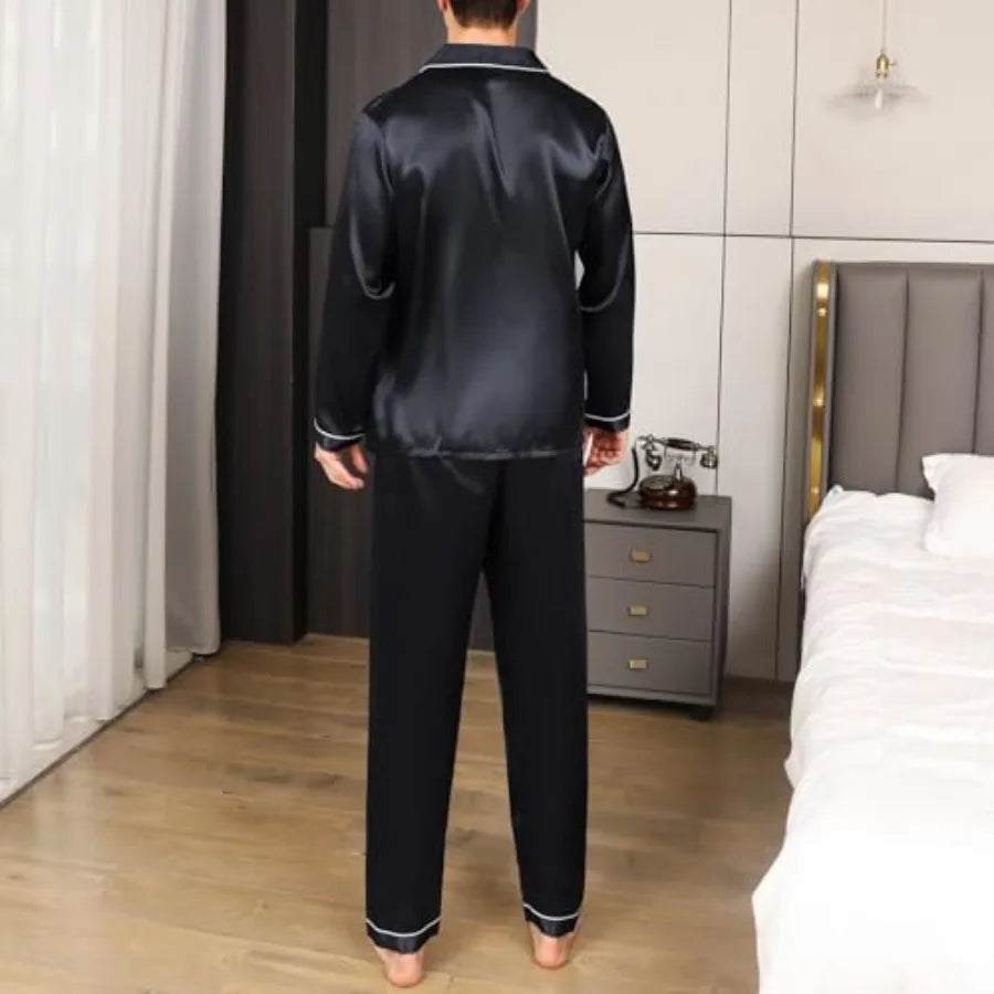 Satin Silky Men's Pajama Set With Long Sleeve And Pockets