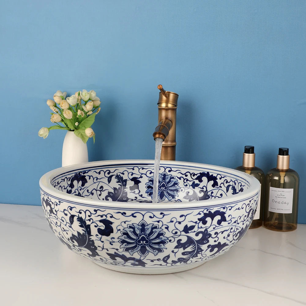 Torayvino Ceramic Bathroom Vessel Sink Faucet Combo Round Washbasin