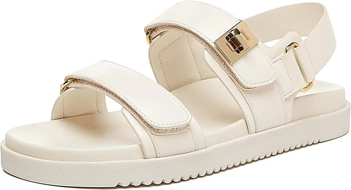 Women's Adjustable Leather Flat Sandals With Double Straps