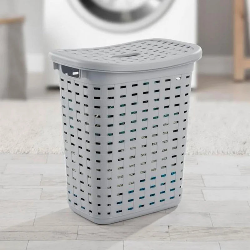 Portable Slim Plastic Wicker Style Laundry Hamper With Lid