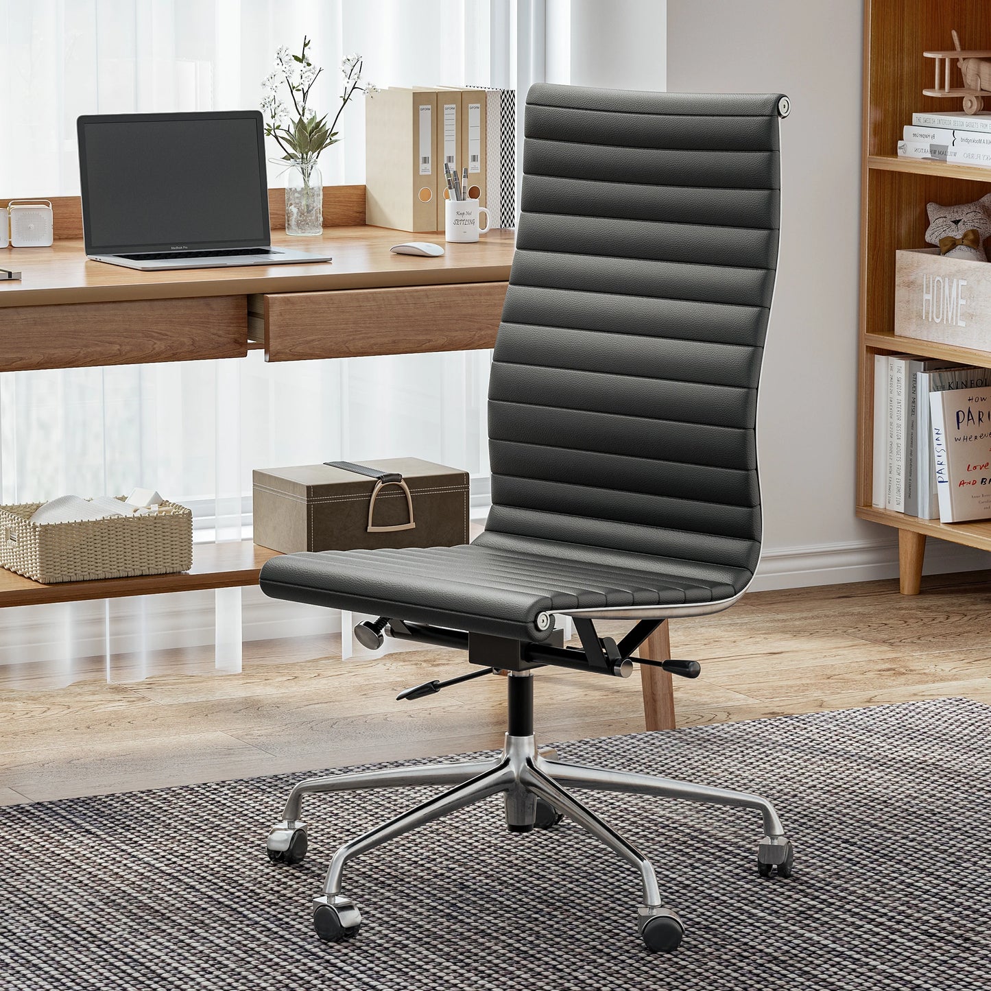 Furgle Modern Low Back Ribbed Armless Executive Swivel Office Chair With Top Grain Leather