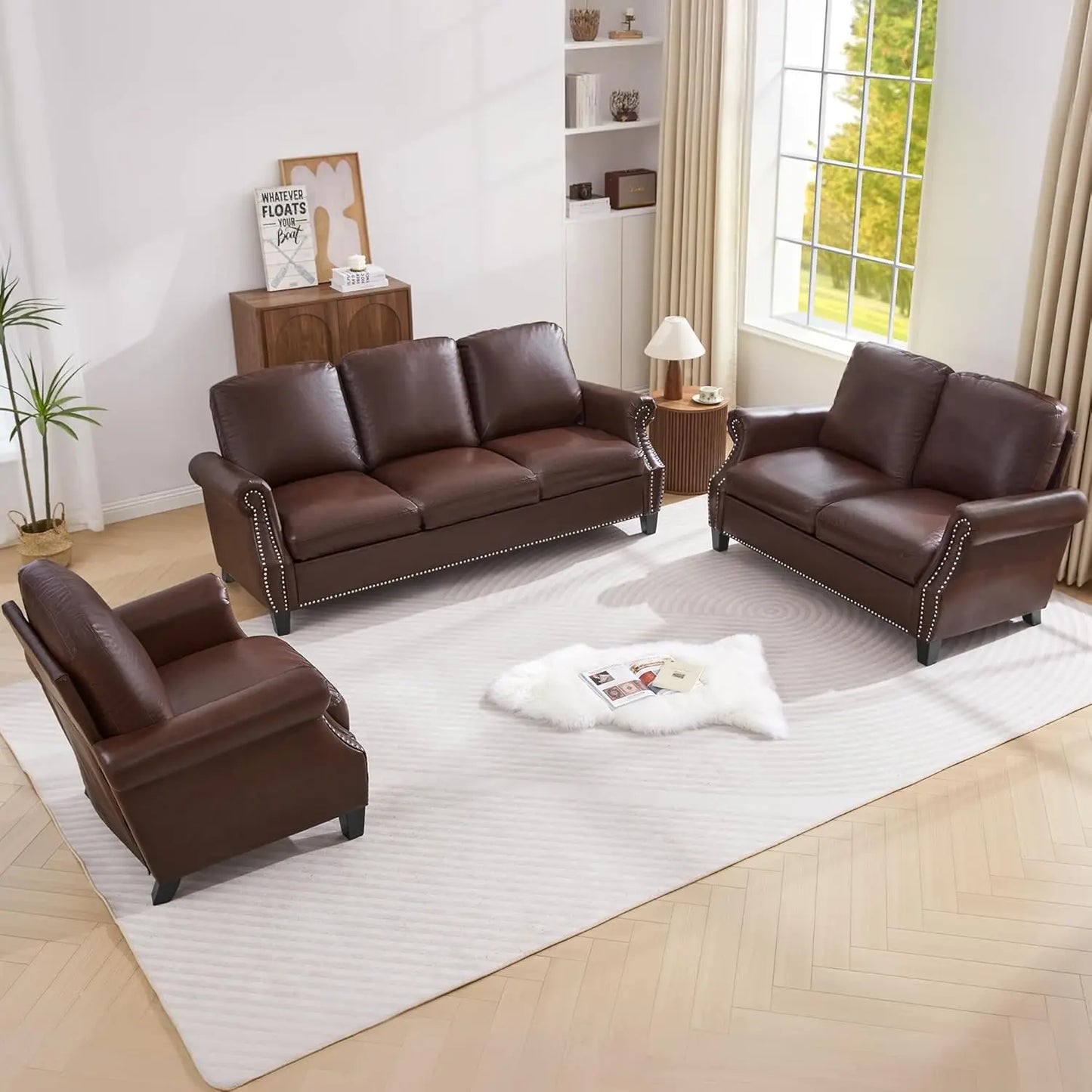 Compact PU Leather Sofa Set 3 Piece With Nailhead Trim