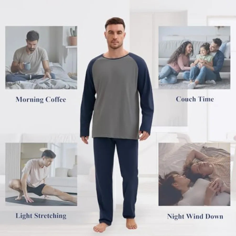 Men's Polyester Pajama Set 2-Piece Long Sleeve Nightwear With Pockets