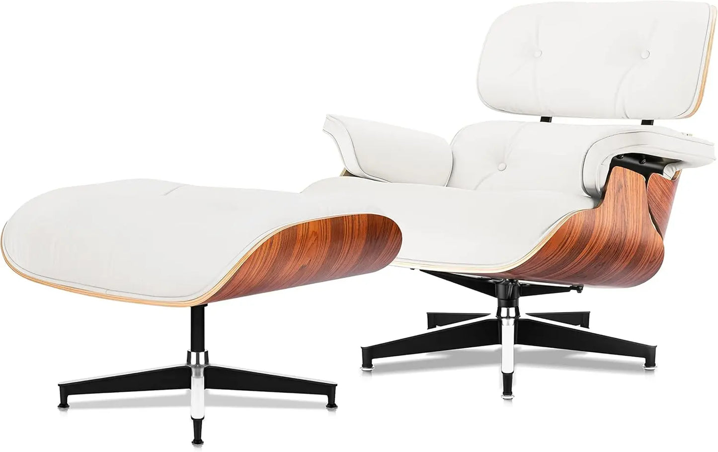 ZHUXIANG Grain Leather Mid Century Chaise Lounge Chair And Ottoman Ash Wood Base