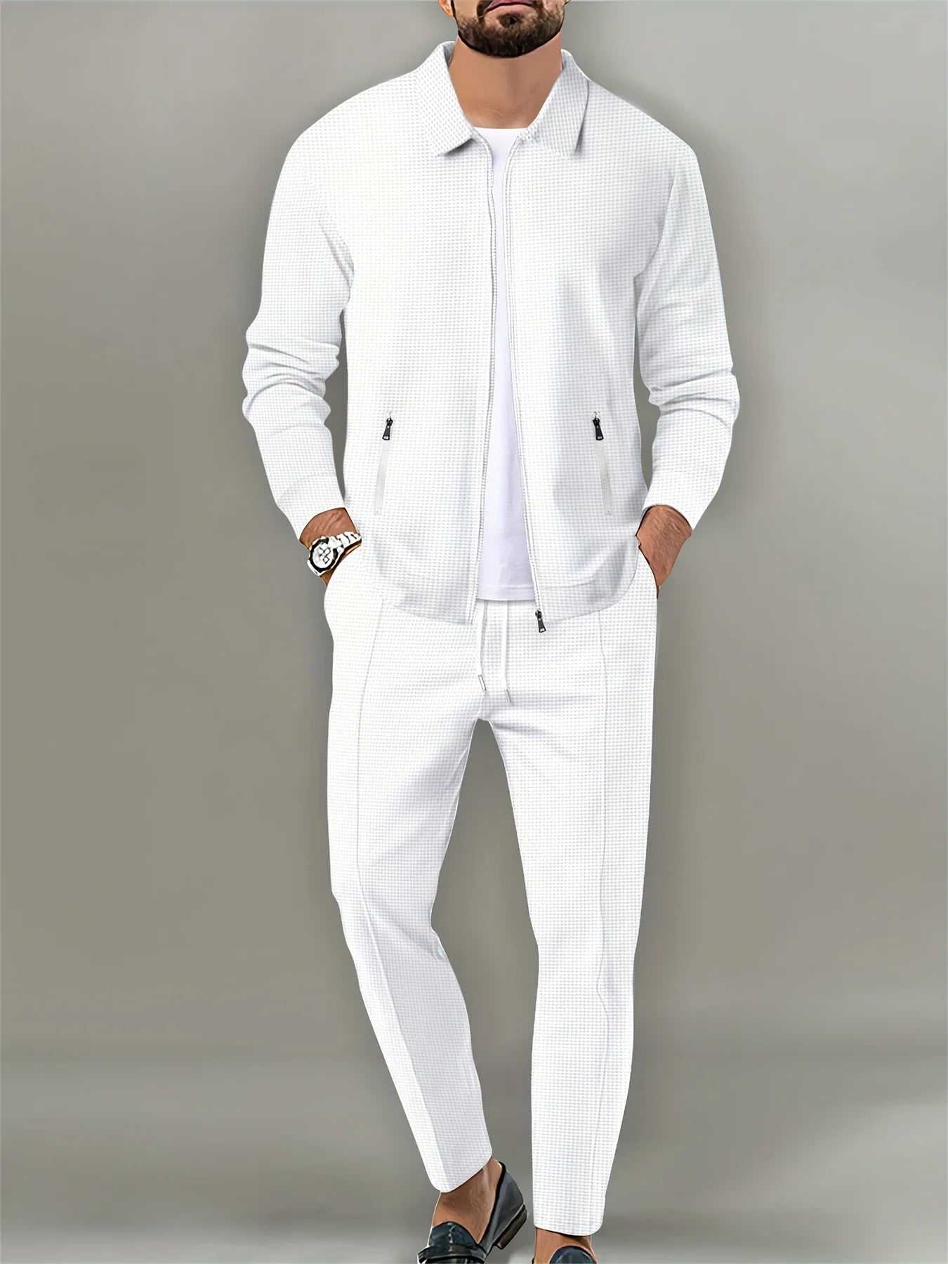 Men Waffle Knit Zipper Cardigan Jacket For Casual Outdoor Wear