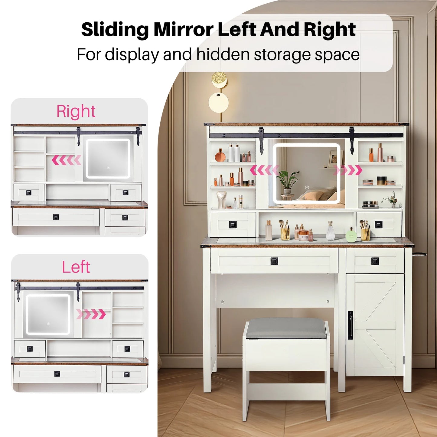 Redlife Farmhouse Vanity Desk Glass Tabletop Stool Lights