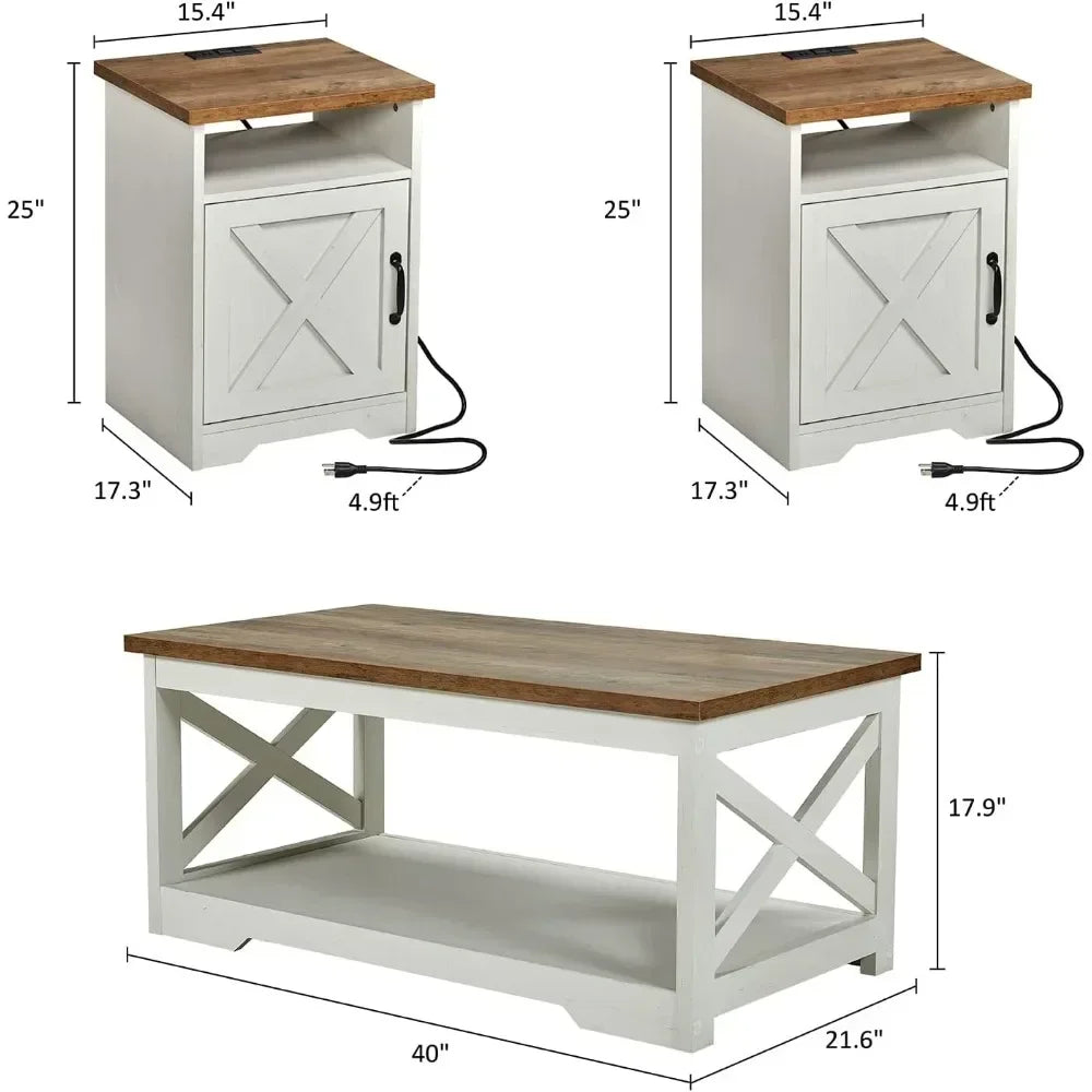 Farmhouse Style 3 Piece Living Room Set With USB Ports