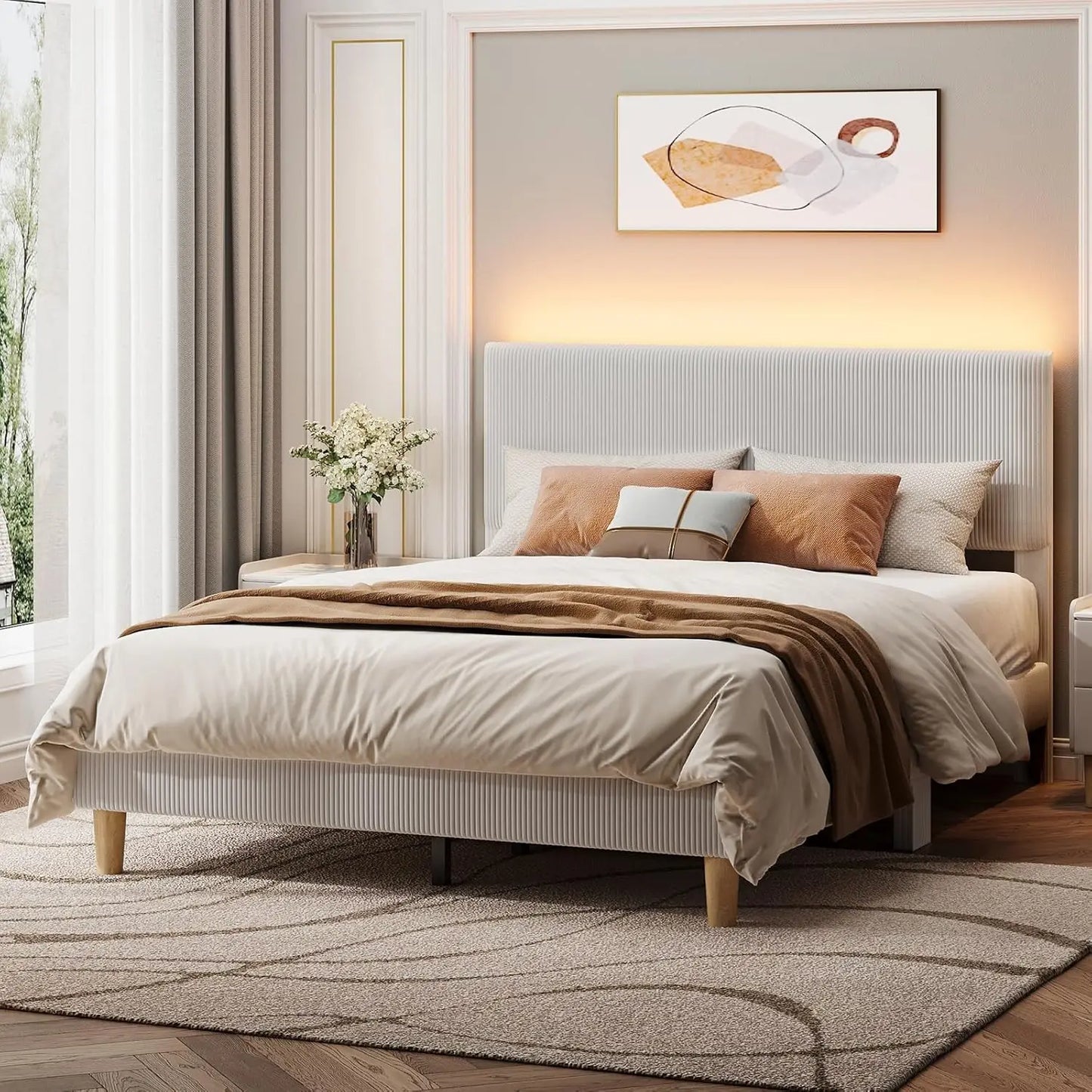 Platform Bed Frame With LED Headboard And Wooden Slats