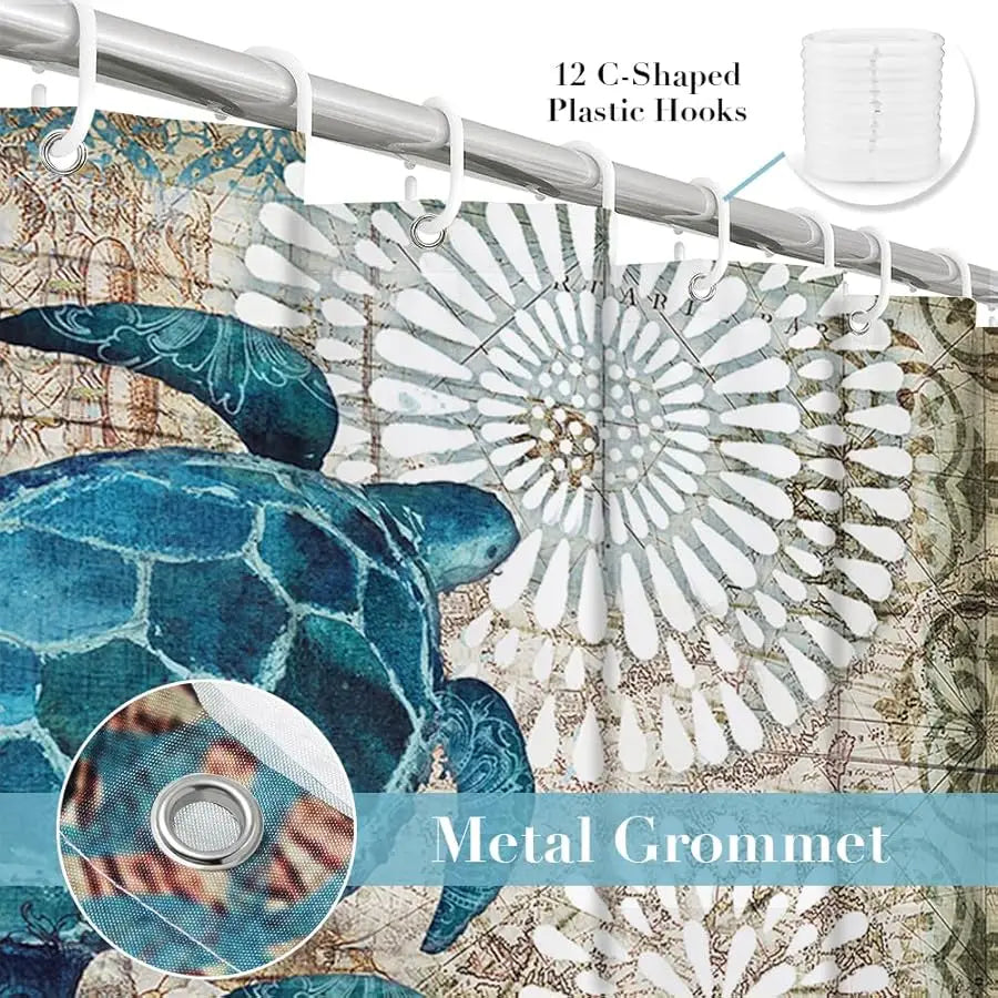 Guangdong Nautical Sea Turtle Fabric Shower Curtain Set With Grommets