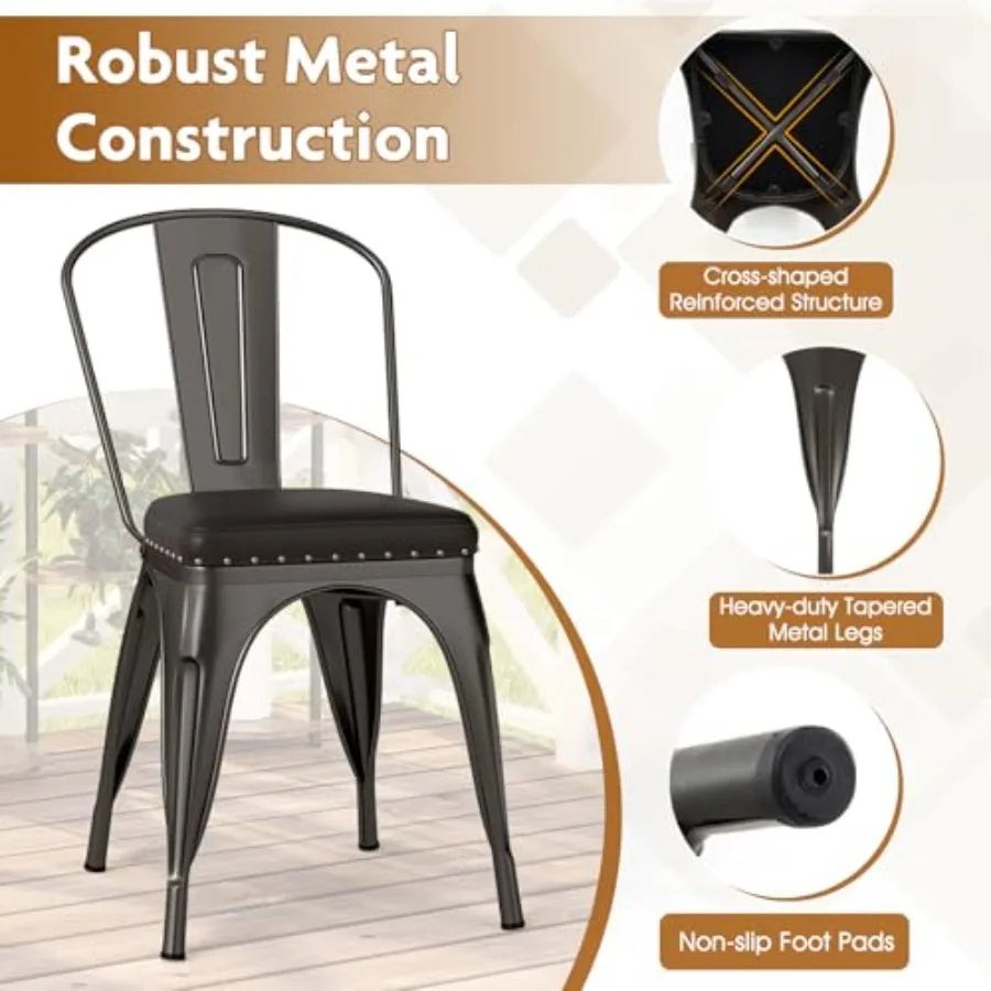 Tolix Style Metal Dining Chairs Set of 4 Stackable Cushions