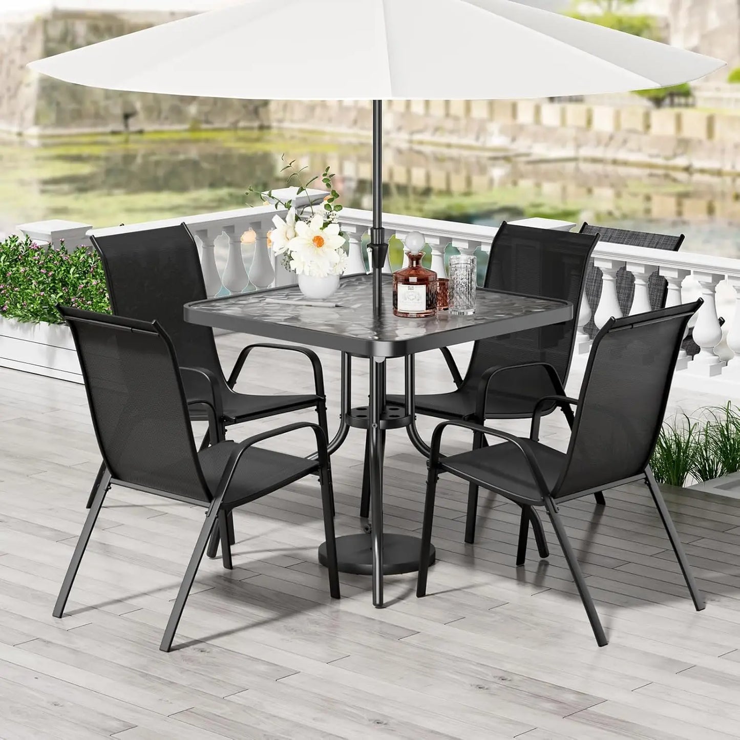 All Weather Patio Dining Set With Table And Four Textilene Chairs