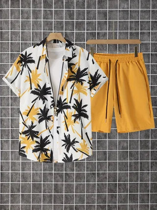 Men's Two-Piece Short Sleeve Button-Down Shirt And Drawstring Pants Set