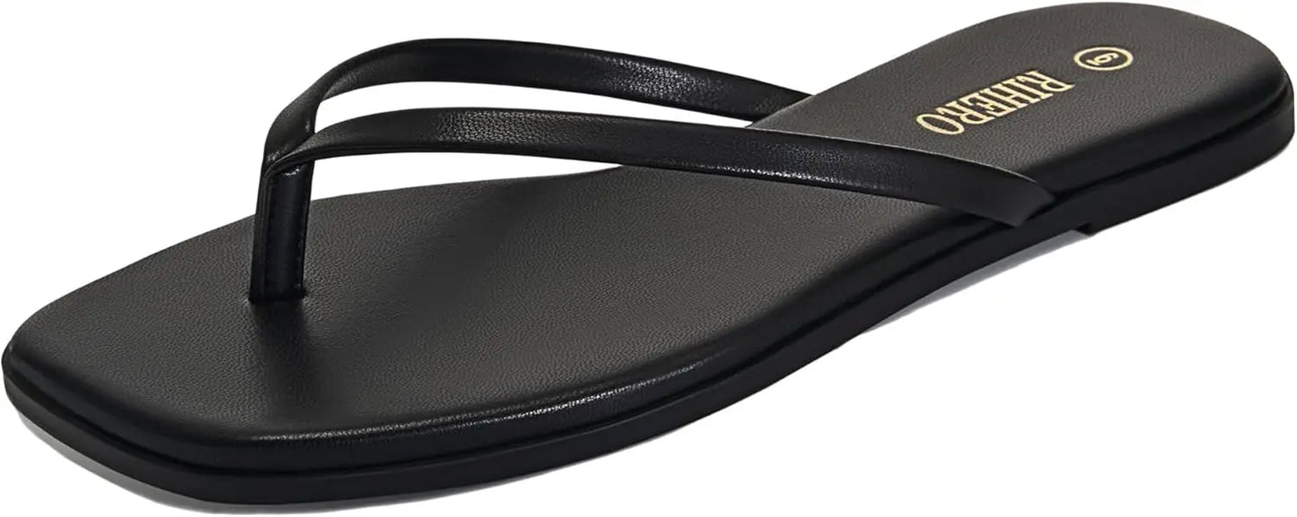 Womens Leather Thong Sandals Square Toe Slip On Beach Dressy